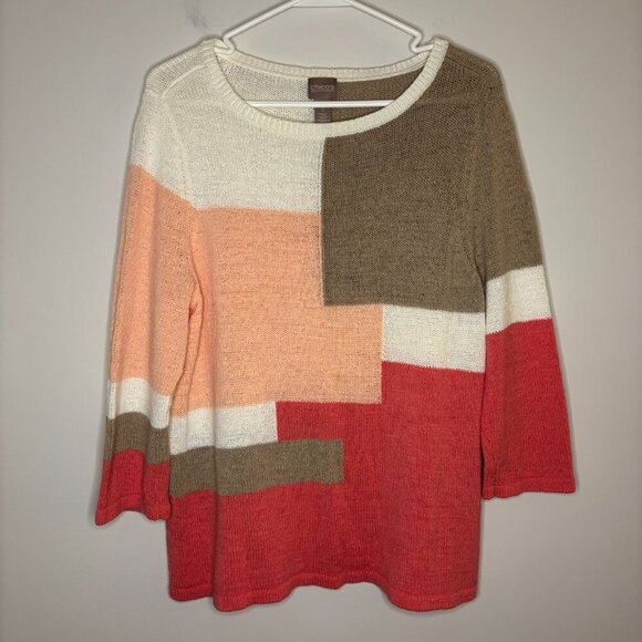 CHICO'S Colorblock Sweater Womens 1 (Small) Pinks White Tan Long 3/4 Sleeve - Picture 3 of 6